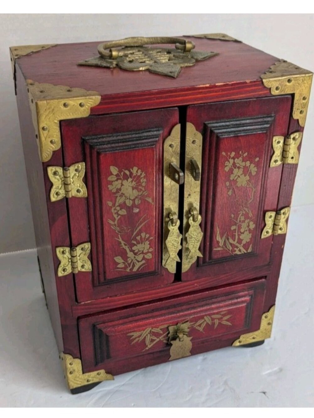 Vintage Chinese Jewelry Cabinet Box Red Wood Brass Mounts Lined Bird Motif 1970s